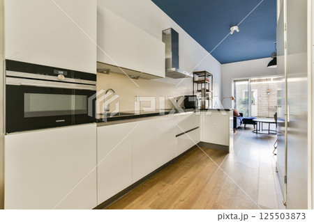 A sleek modern kitchen featuring white cabinetry, stainless steel appliances, and a minimalist aesthetic, complemented by wooden flooring and natural light. 125503873