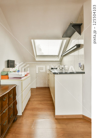 Stylish modern kitchen featuring sleek cabinets, organized storage, and natural light streaming through a skylight, enhancing the spacious feel. Stylish modern kitchen featuring sleek cabinets, organized storage, and natural light streaming through a skylight, enhancing the spacious feel. 125504103