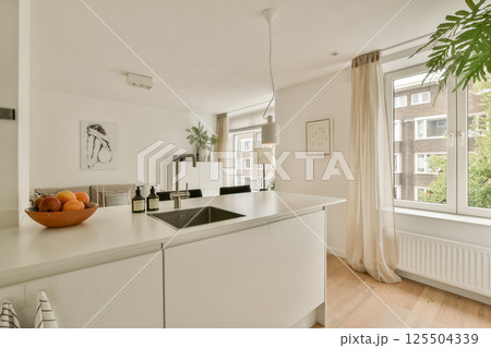 A bright and spacious modern kitchen featuring sleek cabinetry, stylish lighting, and large windows that invite natural light. Fresh plants add a touch of greenery. 125504339