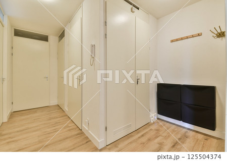 A sleek hallway featuring contemporary design elements, neutral tones, and minimalist decor. The space showcases clean lines and functional furniture. 125504374