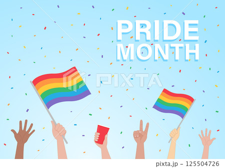 pride month theme background hands raised in the air full of colorful confetti holding a rainbow flag and beverage cup vector template social media banner pride month theme background hands raised in the air full of colorful confetti holding a rainbow flag and beverage cup vector template social media banner 125504726