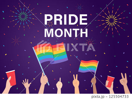 pride month theme background colorful confetti and firework hands raised in the air holding a rainbow flag and beverage cup vector template social media banner 125504733