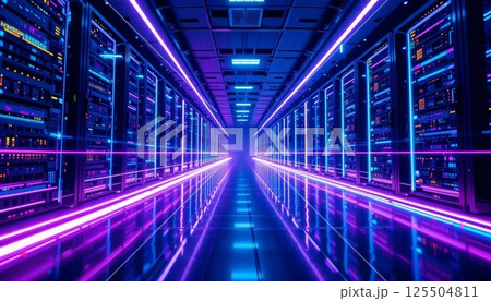 Futuristic Data Stream in Server Room with Neon Light Trails and Digital Technology. 125504811