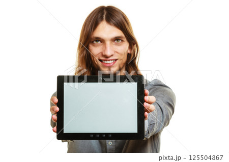 Man holding pc tablet. Blank screen copyspace. Man holding pc tablet. Blank screen copyspace. 125504867