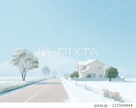 雪原にたたずむ白い家　静かな冬の道 125504944