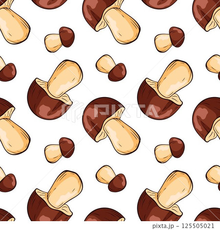 Seamless pattern of mushroom boletus in cartoon style for children textile and decor. Decorative backdrop for wallpaper, textile, wrapping, fabric. Vector illustration. Seamless pattern of mushroom boletus in cartoon style for children textile and decor. Decorative backdrop for wallpaper, textile, wrapping, fabric. Vector illustration. 125505021