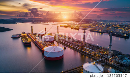 Storage of chemical products like oil, petrol, gas, Aerial view oil storage tank terminal and tanker, petrol industrial zone. Storage of chemical products like oil, petrol, gas, Aerial view oil storage tank terminal and tanker, petrol industrial zone. 125505547