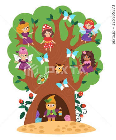 Cute landscape with dwarf and woodland fairies sitting on tree branches. Vector fairyland background. Woodland scenery. Fantasy forest scene illustration. Fairytale world picture with magic creatures 125505573
