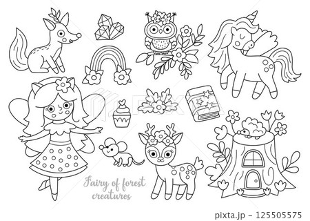 Vector black and white animal fairy clipart set. Cute girl line icons. Woodland princess collection. Fantasy fairytale forest illustrations. Magic creature coloring page with deer, unicorn, house 125505575