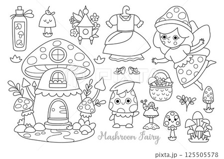 Vector black and white mushroom fairy clipart set. Cute girl line icons. Woodland princess collection. Fantasy, fairytale forest illustration. Magic creature coloring page with basket, house, potion 125505578