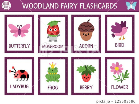 Vector fairyland flash cards set with butterfly, acorn, berry, bird. English language game for kid. Magic woods flashcards. Fairytale forest nature educational printable worksheet with animals Vector fairyland flash cards set with butterfly, acorn, berry, bird. English language game for kid. Magic woods flashcards. Fairytale forest nature educational printable worksheet with animals 125505596