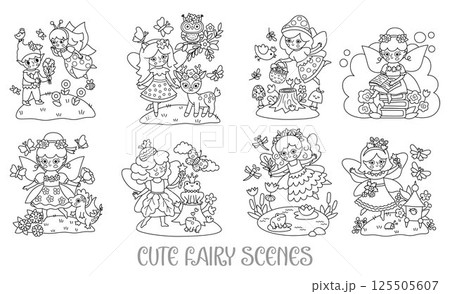 Vector black and white fairy scenes set. Funny line compositions with little girls. Cute scenery coloring page with magic princess, meadow, animal, pond, mushroom. Fantasy scene illustration 125505607