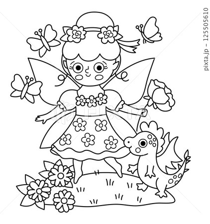 Vector black and white scene with flower fairy, rose, butterfly, dragon. Line composition with girl. Cute scenery with magic princess with wings, meadow. Fantasy fairytale illustration, coloring page 125505610