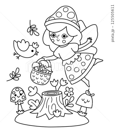 Vector black and white scene with mushroom fairy, basket, bird, stump. Line composition with girl. Cute scenery with magic princess with meadow. Fantasy fairytale illustration, coloring page Vector black and white scene with mushroom fairy, basket, bird, stump. Line composition with girl. Cute scenery with magic princess with meadow. Fantasy fairytale illustration, coloring page 125505611
