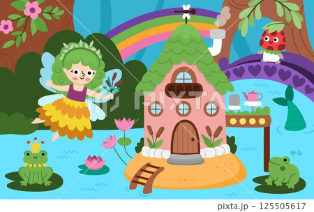 Vector fairyland background with swamp fairy, mermaid house, reeds. Magic land landscape. Woodland scenery with cute princess and rainbow. Fantasy forest scene illustration. Fairytale picture 125505617
