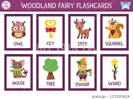 Vector fairyland flash cards set with owl, deer, squirrel, dwarf, tree. English language game for kid. Magic woods flashcards. Fairytale forest nature educational printable worksheet with animals 125505624