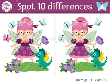 Find differences game for children. Fairyland educational activity with cute flower fairy and dragon. Magic forest puzzle for kids. Fairytale printable worksheet, page with fantasy girl 125505635