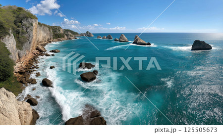 Rocky Coastline and Crystal Blue Ocean on Sunny Day 125505673