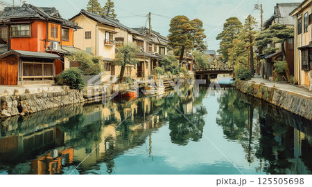 どこか懐かしい日本の地方都市 青と赤の建物が印象的な静かな通りを描いたストックフォト向けイラスト どこか懐かしい日本の地方都市 青と赤の建物が印象的な静かな通りを描いたストックフォト向けイラスト 125505698