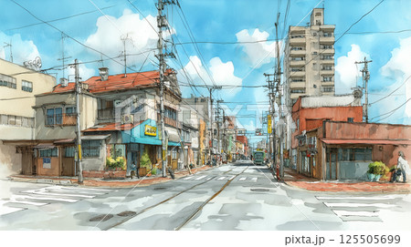 昭和を思わせる古き良き日本の街並み 緑に囲まれた住宅街と自転車が置かれた店先のイラスト素材 昭和を思わせる古き良き日本の街並み 緑に囲まれた住宅街と自転車が置かれた店先のイラスト素材 125505699