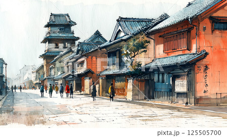 線路とトラムが走る日本の地方都市の街並み 静かな朝の通りを描いたリアルな水彩風イラスト 線路とトラムが走る日本の地方都市の街並み 静かな朝の通りを描いたリアルな水彩風イラスト 125505700