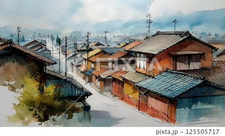 地方の生活感ある街並みと青空が広がる電車通りを描いた情緒的な水彩風景 地方の生活感ある街並みと青空が広がる電車通りを描いた情緒的な水彩風景 125505717