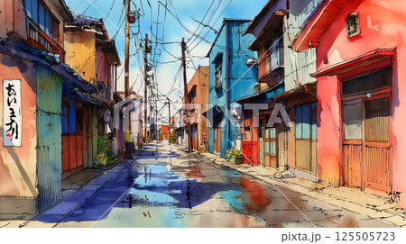 坂道に連なる家々と木造の窓が印象的な田舎町の穏やかな日常風景 坂道に連なる家々と木造の窓が印象的な田舎町の穏やかな日常風景 125505723