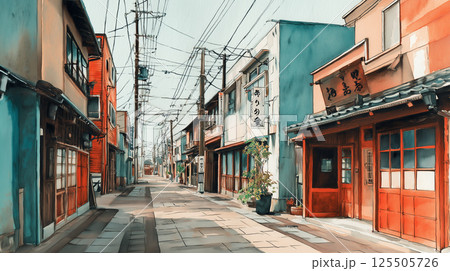 長く続く商店街の古い建物と青い空が印象的なレトロな町並みのイラスト 長く続く商店街の古い建物と青い空が印象的なレトロな町並みのイラスト 125505726
