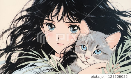 Vintage anime illustration of a sweet young lady with long black hair and big expressive deep-blue 125506023