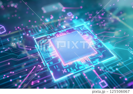 ネオンライトに照らされた回路基板上の最新CPUマイクロチップのクローズアップ 125506067