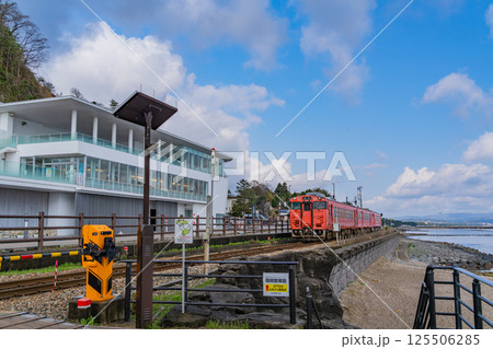 （富山県）雨晴海岸を走る氷見線の列車 125506285