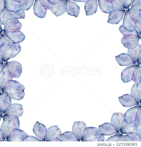 Blue hydrangea flowers watercolor frame. Hand drawn delicate flower on isolated white background. Botanical illustration. Ideal for wedding and birthday cards Blue hydrangea flowers watercolor frame. Hand drawn delicate flower on isolated white background. Botanical illustration. Ideal for wedding and birthday cards 125506365