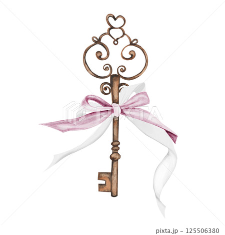 Vintage key watercolor. Hand drawn bronze key with pink bow on isolated white background. Clip art shabby chic. Ideal for posters, postcards and blog design Vintage key watercolor. Hand drawn bronze key with pink bow on isolated white background. Clip art shabby chic. Ideal for posters, postcards and blog design 125506380