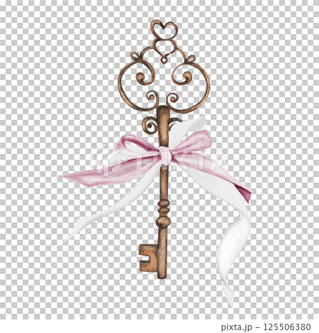 Vintage key watercolor. Hand drawn bronze key with pink bow on isolated white background. Clip art shabby chic. Ideal for posters, postcards and blog design Vintage key watercolor. Hand drawn bronze key with pink bow on isolated white background. Clip art shabby chic. Ideal for posters, postcards and blog design 125506380