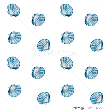 Shell pattern watercolor . Hand drawn illustration of a clam on an isolated background. Drawing of sea blue ocean shell. Marine and ocean fauna. Underwater life. 125506383