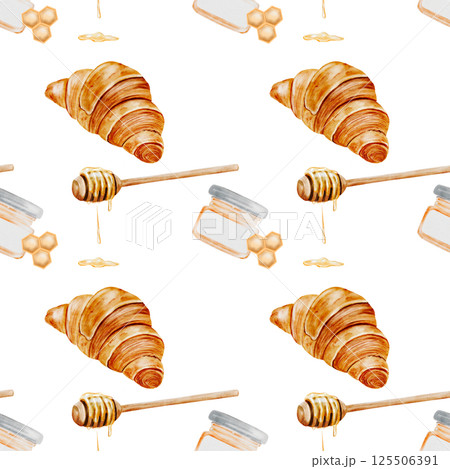 Croissant and honey watercolor pattern. Hand drawn illustration fresh french bun. Food clip art. Ideal for bakery prints, postcards and pastry shop posters. 125506391