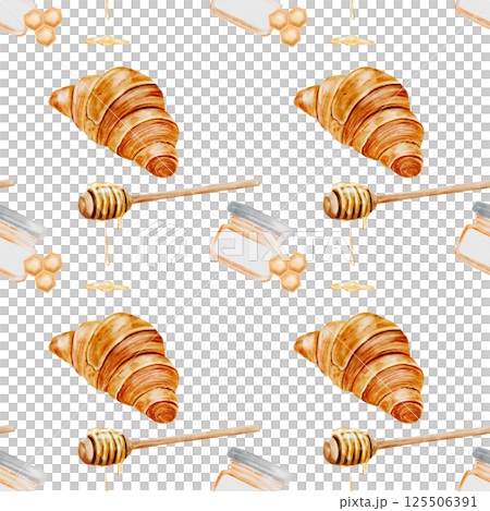 Croissant and honey watercolor pattern. Hand drawn illustration fresh french bun. Food clip art. Ideal for bakery prints, postcards and pastry shop posters. 125506391