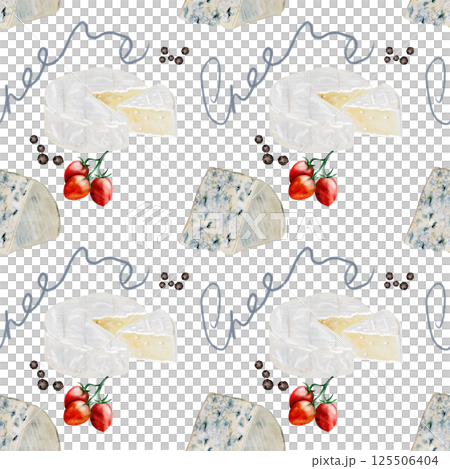 Cheese watercolor pattern. Hand drawn illustration brie, dor blue. Clip art of food on white background. Ideal for packaging of farm organic product or restaurant menu design 125506404