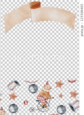 Circus watercolor card. Illustration of a Circus bear riding a bicycle on a tightrope. Hand drawn cute animals on isolated white background. Clip art of a bear in a festive cap, with a collar and 125506405
