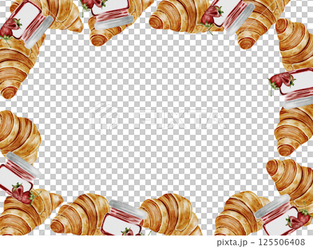 Croissant watercolor frame. Hand drawn illustration fresh french bun with strawberry jam. Food clip art. Ideal for bakery prints, postcards and pastry shop posters. 125506408