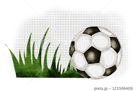 Football watercolor. Soccer ball and grass on a white background. Ideal for children's and sports equipment, packaging Football watercolor. Soccer ball and grass on a white background. Ideal for children's and sports equipment, packaging 125506409