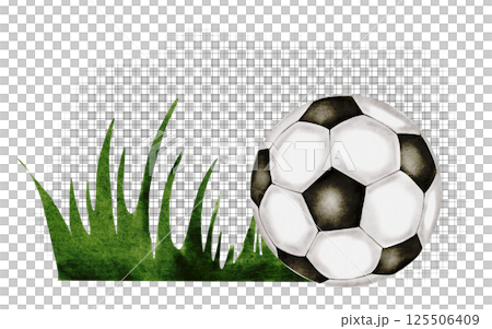 Football watercolor. Soccer ball and grass on a white background. Ideal for children's and sports equipment, packaging Football watercolor. Soccer ball and grass on a white background. Ideal for children's and sports equipment, packaging 125506409