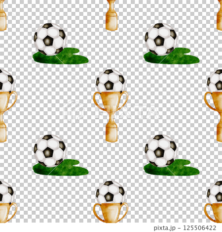 Football watercolor pattern. Seamless pattern of soccer balls, cup and grass on a white background. Ideal for children's and sports textiles, equipment, packaging 125506422