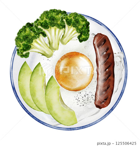Scrambled eggs with avocado and sausage. Breakfast on a plate watercolor. Hand drawn food with fried eggs. Clip art food. Ideal for posters and restaurant menus of vegetarian and diet dishes Scrambled eggs with avocado and sausage. Breakfast on a plate watercolor. Hand drawn food with fried eggs. Clip art food. Ideal for posters and restaurant menus of vegetarian and diet dishes 125506425