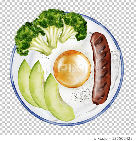 Scrambled eggs with avocado and sausage. Breakfast on a plate watercolor. Hand drawn food with fried eggs. Clip art food. Ideal for posters and restaurant menus of vegetarian and diet dishes Scrambled eggs with avocado and sausage. Breakfast on a plate watercolor. Hand drawn food with fried eggs. Clip art food. Ideal for posters and restaurant menus of vegetarian and diet dishes 125506425