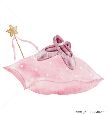 Pointe shoes watercolor. Hand drawn pink ballerina accessories on a pillow on isolated white background. Clip art of elegant satin ballet shoes with space for name inscription. Ideal card for ballet 125506432