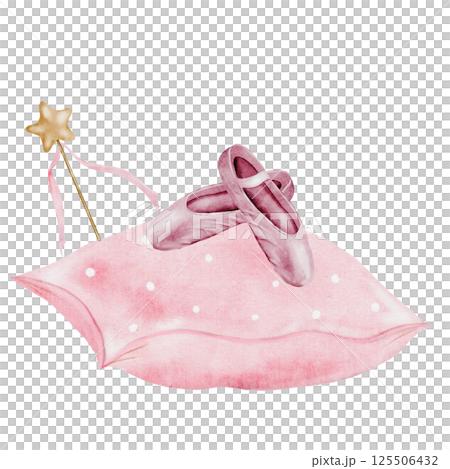 Pointe shoes watercolor. Hand drawn pink ballerina accessories on a pillow on isolated white background. Clip art of elegant satin ballet shoes with space for name inscription. Ideal card for ballet 125506432