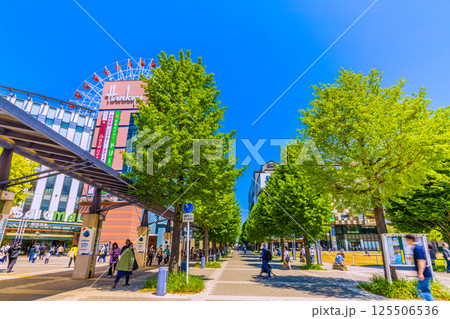 日本の横浜都市景観 センター北駅前、都築阪急の観覧車などを望む 125506536