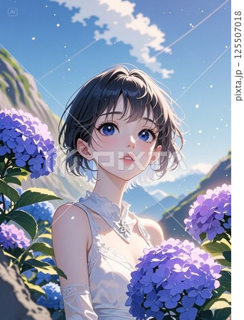 梅雨の晴れ間にあじさいに囲まれる女性 125507018