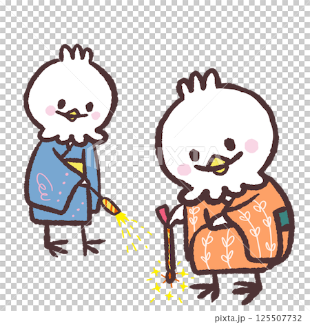 花火を楽しむ白い鳥のイラスト 花火を楽しむ白い鳥のイラスト 125507732